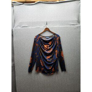 Simply Vera Vera Wang XL Floral Draped Neck Long Sleeve Top Blue & Orange Polyes